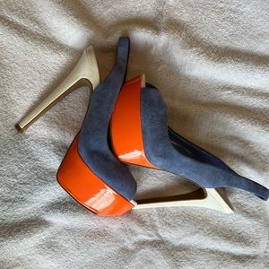 Patent leather orange & white with blue suede. Heel height 5 1/2 inches